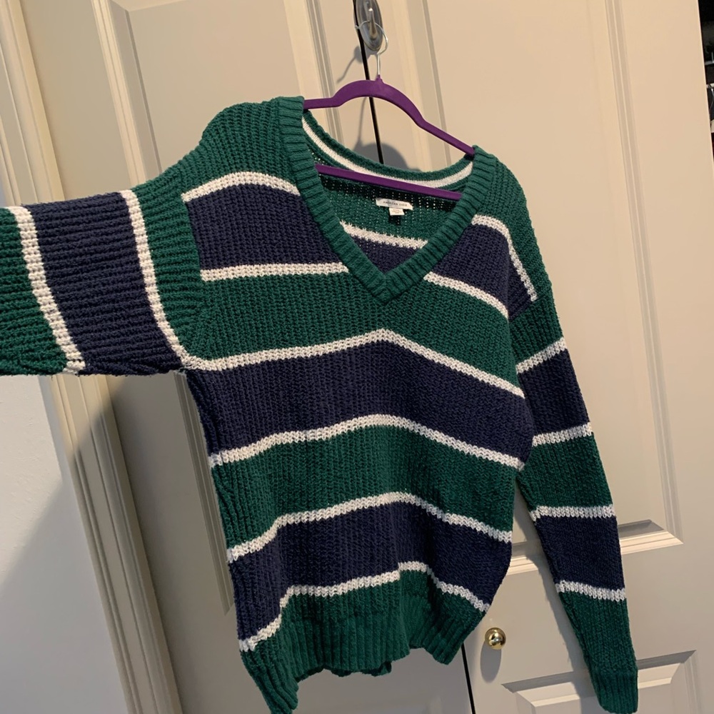 American Eagle Outfitters Blue and Green V-Neck Sweater - Picture 6 of 7
